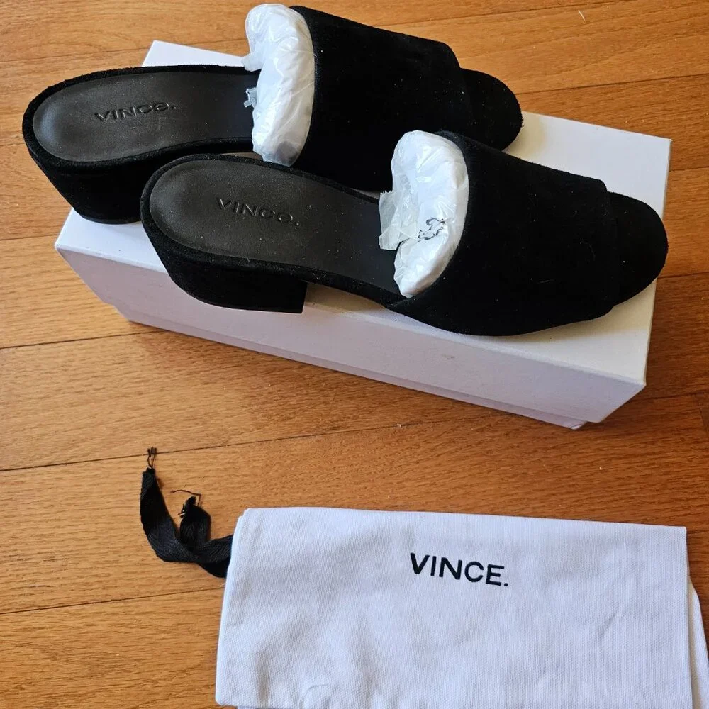 Vince Rachelle 2 Black Suede Block Heel Slide Sandals - Picture 2 of 3